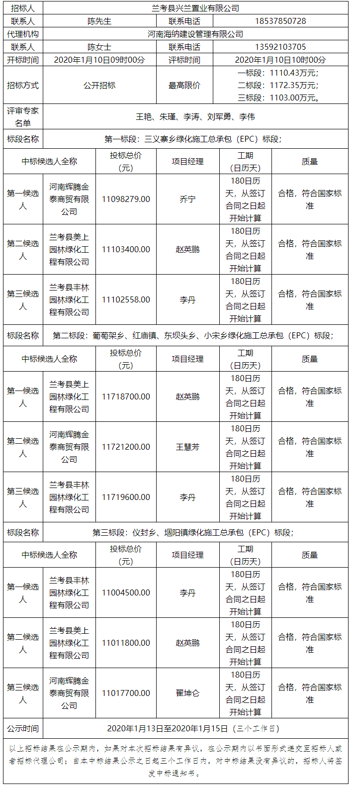 兰考县美丽乡村18个精品村建设项目（二次）-结果公告-第一标段：三义寨乡绿化施工总承包（EPC）标段