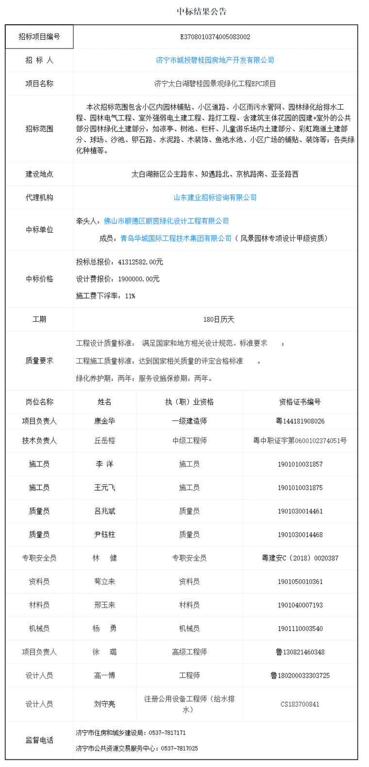 济宁太白湖碧桂园景观绿化工程EPC项目中标结果公示